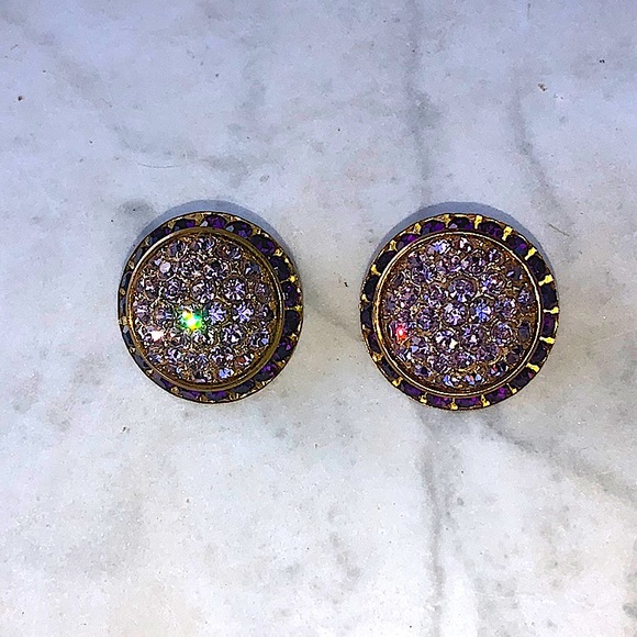 VINTAGE EARRINGS AMETHYST & LILAC AUSTRIAN CRYSTALS ROUND BUTTON SHAPE - Picture 7 of 11